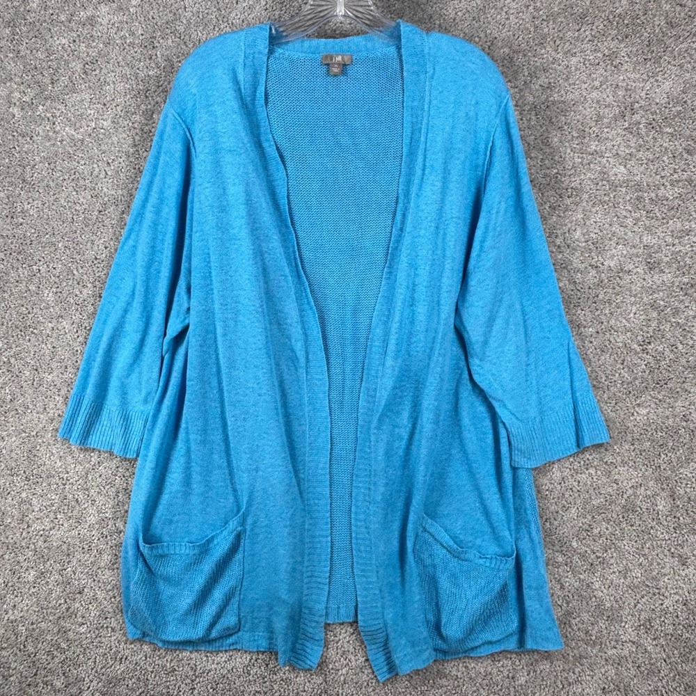 J. Jill Womens XL Blue 100% Linen Open Front 3/4 Sleeve Cardigan Sweater Pockets